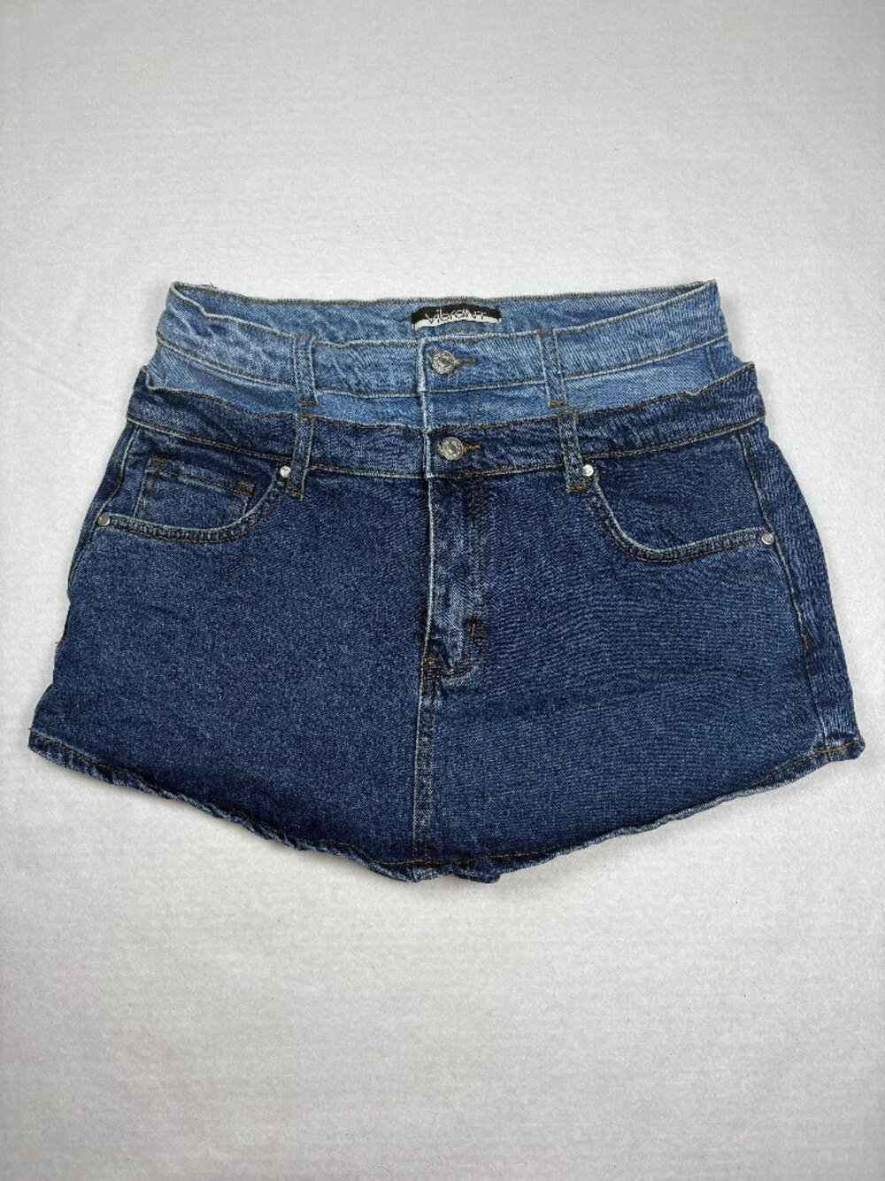 Vibrant Double Waistband Denim Mini Skort Two Tone Blue Y2K Streetwear 90s Sz L